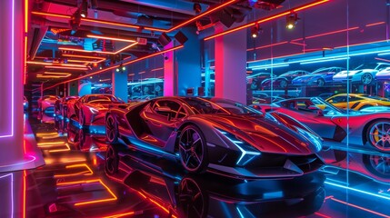 A luxurious indoor car exhibit with neon lighting and reflective flooring showcases the latest sports cars.