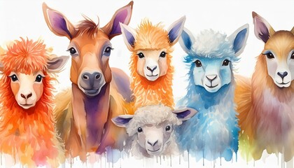 Naklejka premium Set of watercolor cartoon farm animals - fluffy alpaca, goat, horse, ram, sheep and cow isolated on white background. cartoons. Illustrations