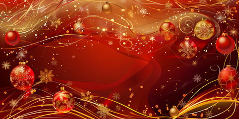 Red background with a Christmas or New Year decoration border of snow and gifts with festive atmosphere. New Year or Christmas banner for your design with copy space