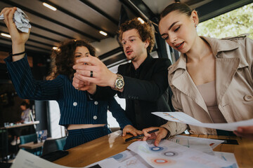 Three business colleagues arguing during a meeting, displaying frustration and misunderstanding...