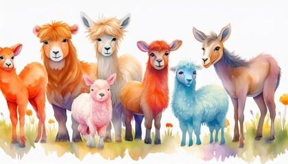 Fototapeta premium Set of watercolor cartoon farm animals - fluffy alpaca, goat, horse, ram, sheep and cow isolated on white background. cartoons. Illustrations