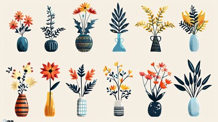 Collection of various abstract plants in geometric vases. Different types of flower bouquets vector illustration large set in cartoon groovy funky style. Spring, summer floral elements stickers bundle