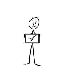stick figure happy by holding a checkmarked board
