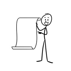 standing stick figure holding a blank sheet of paper and pointing