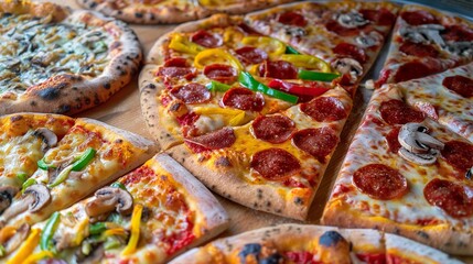 A colorful assortment of artisanal pizzas, fresh from the oven, with bubbling cheese, savory toppings like pepperoni, mushrooms, and bell peppers, and a perfectly crispy crust. 