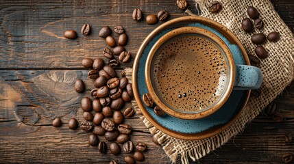 Black Coffee in Blue Cup with Coffee Beans. Cup of black coffee in a blue cup, surrounded by coffee beans on a rustic wooden surface, highlighting the simplicity of coffee enjoyment.