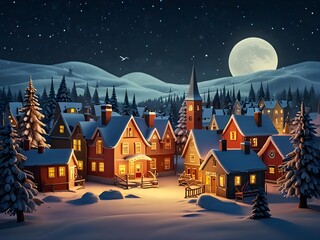 Christmas 3D illustration cartoon figure drawing painting of village houses and church in vintage style. Winter  landscape. Christmas trees snow mountain moon nighttime forests stars holiday festivals