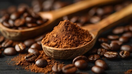 Wooden Spoons with Coffee Grounds and Beans. Two wooden spoons filled with coffee grounds and beans, emphasizing the rich texture and natural quality of coffee.