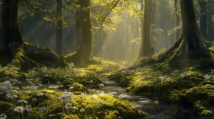 A magical woodland glade illuminated by shafts of golden sunlight filtering through the trees, with a babbling brook meandering through the mossy undergrowth and delicate wildflowers