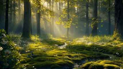 A magical woodland glade illuminated by shafts of golden sunlight filtering through the trees, with a babbling brook meandering through the mossy undergrowth and delicate wildflowers 