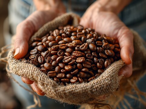 Hands Holding Burlap Sack of Coffee Beans. Hands holding a burlap sack filled with freshly roasted coffee beans, highlighting the artisanal quality and care in coffee production.