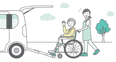 介護施設に送迎される高齢女性と介護士と福祉車両のイラスト