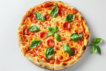 Classic margherita pizza with basil leaves on a white background