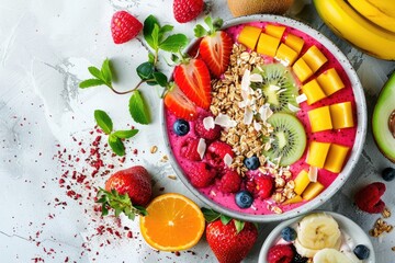 Colorful smoothie bowl with tropical fruits and granola on a white background