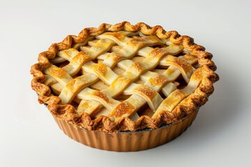 Freshly made apple pie with a lattice crust on a white background