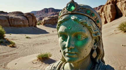 Enigmatic Elegance: Ancient Statue Adorned with Glowing Green Diadem Amidst Desert Sands