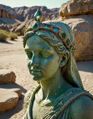 Enigmatic Elegance: Ancient Statue Adorned with Glowing Green Diadem Amidst Desert Sands