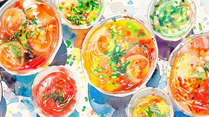 A series of watercolor paintings inspired by the cuisine of different cultures featuring colorful and flavorful dishes from around the world.