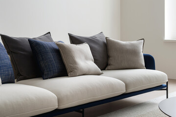 Comfortable modern sofa with blue and beige cushions in a bright room