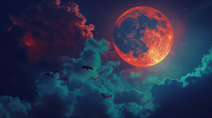 Full Moon clouds and bats flying at night.