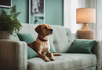 coffee lamp wooden pillows plant plaid stylish mint poster modern adorable sofa living frame table console room dog