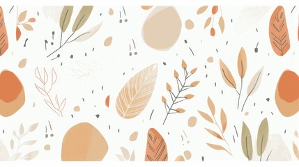 Abstract background with tropical leaves and abstract shapes in green, orange and beige colors on white space for text.