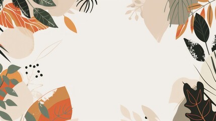 Abstract background with tropical leaves and abstract shapes in green, orange and beige colors on white space for text.