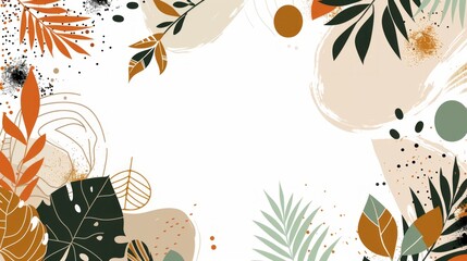 Abstract background with tropical leaves and abstract shapes in green, orange and beige colors on white space for text.
