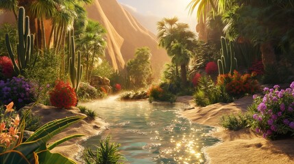 A stunning desert oasis, with a shimmering pool of water surrounded by lush green palms and colorful flowering cacti, set against a backdrop of towering sand dunes glowing 
