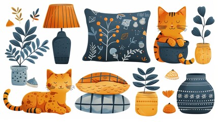 Cozy home decor elements set. Vector hand drawn illustrations of cute things and pets in a simple cartoon flat scandinavian style in a pastel palette. Stay at home. Isolate on a white background