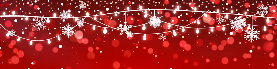 Red background with a Christmas or New Year decoration border of snow and gifts with festive atmosphere. New Year or Christmas banner for your design with copy space