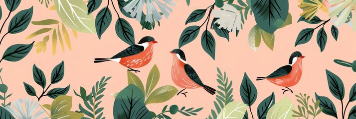 Floral and Leaf Pattern with Birds Seamless. Beautiful background, Abstract pattern background