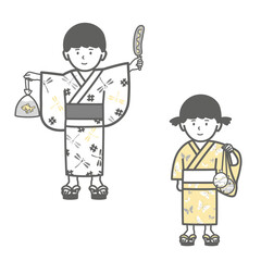 浴衣を着て夏祭りを楽しむ子供のイラスト