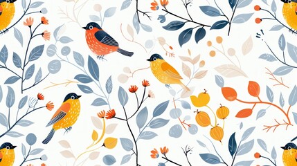 Floral and Leaf Pattern with Birds Seamless. Beautiful background, Abstract pattern background