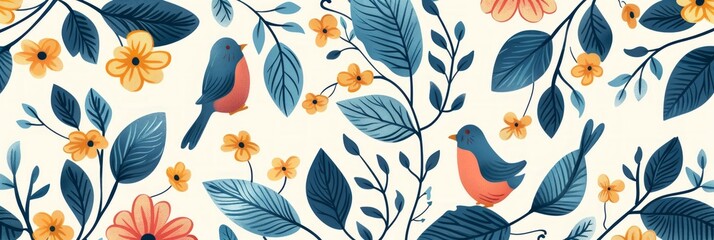 Floral and Leaf Pattern with Birds Seamless. Beautiful background, Abstract pattern background