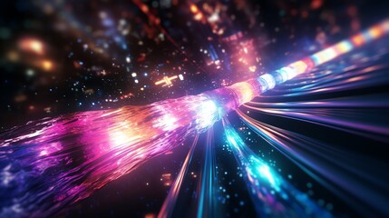 Sparkling 70s disco Fiber optics cable Internet speed cruising through a neon galaxy
