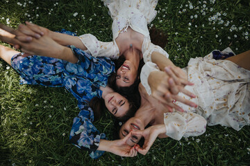 Capturing a carefree moment, three young girls enjoy a sunny day in the park, lying in the grass...