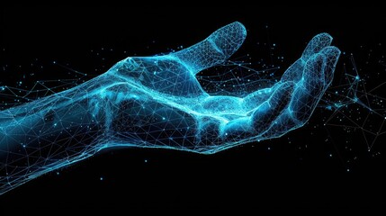 Glowing wireframe of hand futuristic blue black background​ - Powered by Adobe