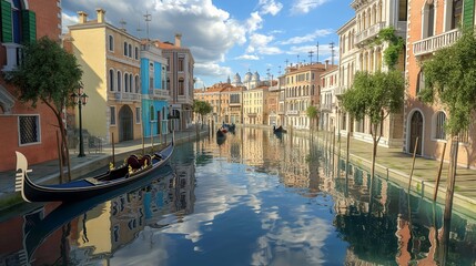 A tranquil canal winding through a charming Venetian neighborhood, with elegant gondolas gliding silently along the water's surface and colorful buildings reflected in its glassy depths