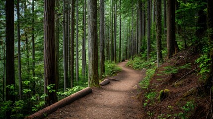Obraz premium A winding hiking trail leading through a dense forest of towering trees.