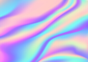 Holographic foil background with ethereal, fluid swirls and iridescent pastel blue, purple and pink colors in dreamlike, abstract hologram pattern. Vector vibrant rainbow undulating streaks and curves