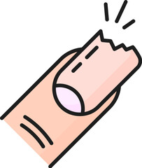 Broken nail and manicure color line icon for hands care or fingernail treatment, vector outline. Manicure and nail care color pictogram of broken nail for repair and cosmetic restoration in salon
