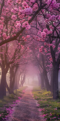 A serene sunset over a cherry blossom orchard with violet petals glowing in soft light, a path lined with green grass and wildflowers.