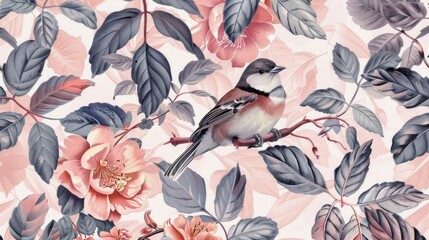 Floral and Leaf Pattern with Birds Seamless. Beautiful background, Abstract pattern background.