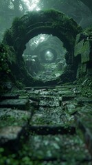 Ethereal pathway through ancient stone arches covered in moss, leading into a mystical forest with shafts of sunlight breaking through.