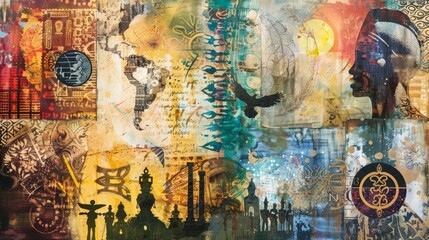 Fototapeta premium A mixed media collage featuring various symbols and imagery from different cultures celebrating the interconnectedness and richness of global traditions.