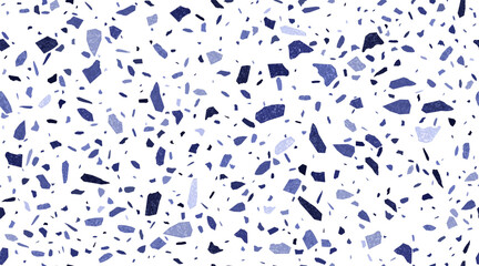 Grunge blue terrazzo seamless pattern. Vector terazzo ornament, flooring tile or speckled textured concrete surface, featuring scattered irregular shapes and fragments in shades of azure and grey