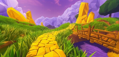 Explore the mesmerizing landscape of this 2D game background, featuring a winding yellow stone path weaving through verdant grass and past towering yellow rocks. Cross a picturesque wooden bridge 