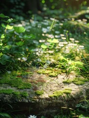 Extreme close-up of a flat mossy round stone slab in bright sunlight, surrounded by plants and small flowers in a spring forest. Green color theme in a C4D rendering.


