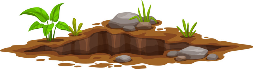 Ground hole, deep dirty pit and burrow. Isolated cartoon vector piece of earth, natural ground gap surrounded by lush green sprouts and stones, wilderness setting for game or environmental themes